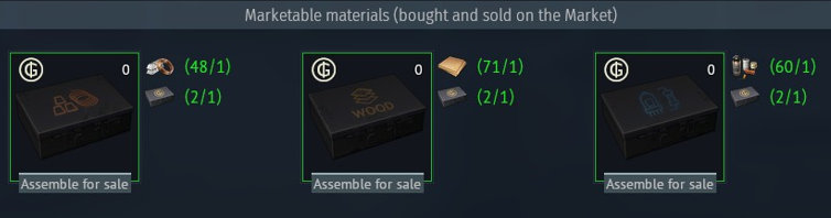 In “Marketable materials (bought and sold on the Market)” you can Assemble the Tradable Container!